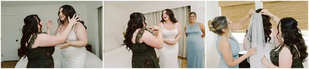 Snohomish Wedding Photographer GSquared Weddings Three images capture the joy of a summer wedding in Port Gamble. The bride, glowing in her white dress, laughs with her bridesmaids. In one shot, a woman in a green dress tenderly touches her face, while another in blue smiles warmly. The final image shows the green-dressed friend adjusting the brides veil. Serving Seattle, Snohomish and Orlando