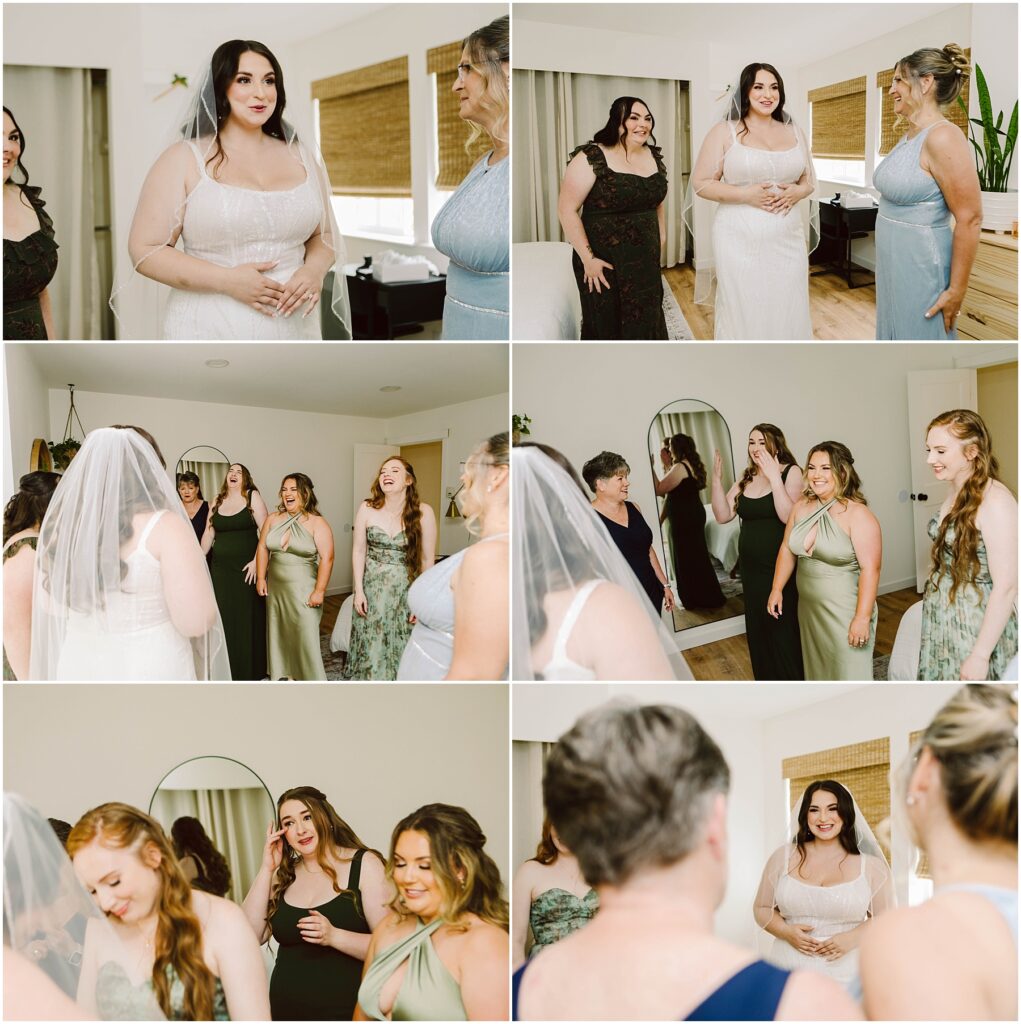 Snohomish Wedding Photographer GSquared Weddings At a summer wedding in Port Gamble, a bride in a white dress, surrounded by three women in green dresses and one in a dark dress, shares joyful moments. In a well-lit room with mirrors and large windows, they smile and celebrate together. Serving Seattle, Snohomish and Orlando