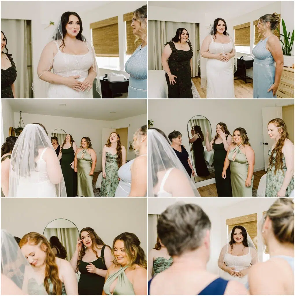 Snohomish Wedding Photographer GSquared Weddings At a summer wedding in Port Gamble, a bride in a white dress, surrounded by three women in green dresses and one in a dark dress, shares joyful moments. In a well-lit room with mirrors and large windows, they smile and celebrate together. Serving Seattle, Snohomish and Orlando