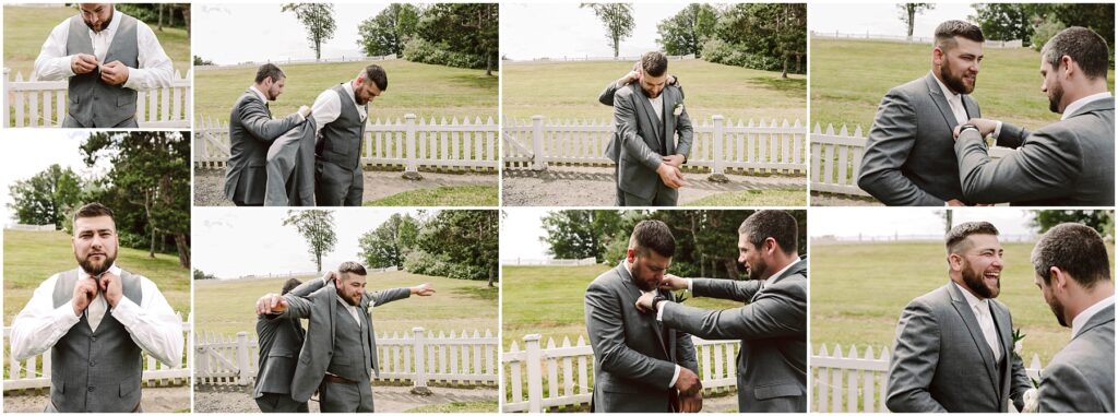 Snohomish Wedding Photographer GSquared Weddings A series of photos shows two men outside in a grassy area near a white fence. At what seems to be a Summer Wedding in Port Gamble, one man helps the other with his gray suit, adjusting the jacket and fixing the tie. They focus before smiling and laughing together. Serving Seattle, Snohomish and Orlando