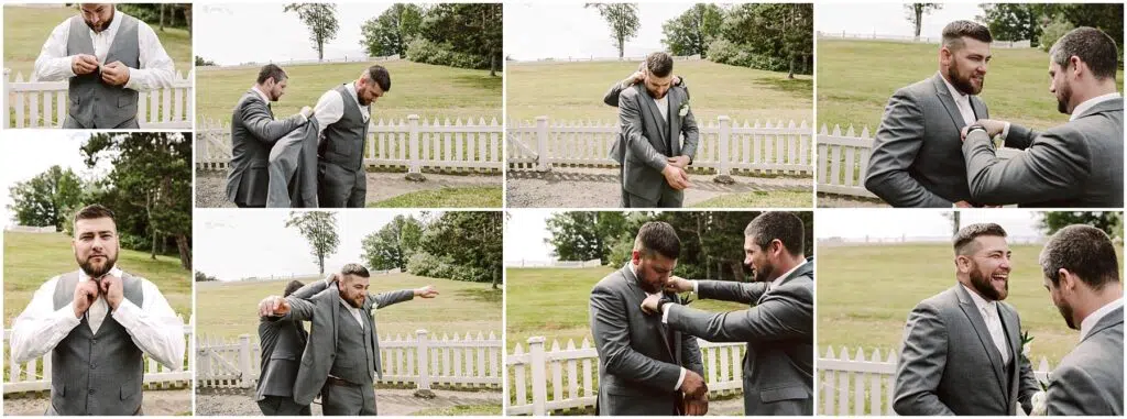 Snohomish Wedding Photographer GSquared Weddings A series of photos shows two men outside in a grassy area near a white fence. At what seems to be a Summer Wedding in Port Gamble, one man helps the other with his gray suit, adjusting the jacket and fixing the tie. They focus before smiling and laughing together. Serving Seattle, Snohomish and Orlando