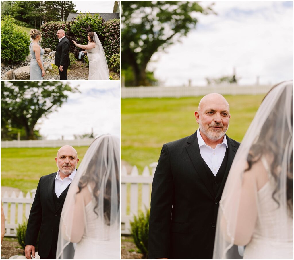 Snohomish Wedding Photographer GSquared Weddings In a picturesque garden at Port Gamble, a bride in a white dress and veil meets a bald man in a black suit. They seem emotional and happy amidst the summer wedding setting, framed by lush greenery and a classic white picket fence. Serving Seattle, Snohomish and Orlando
