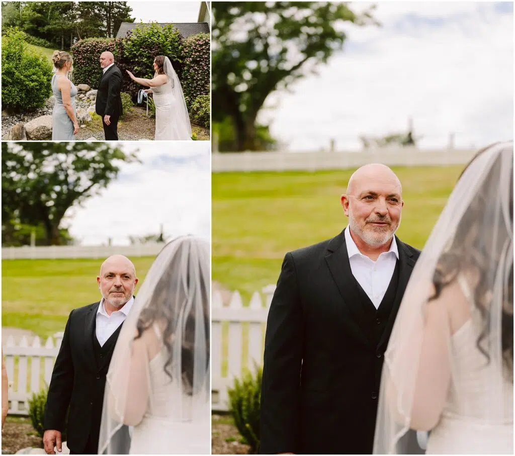 Snohomish Wedding Photographer GSquared Weddings In a picturesque garden at Port Gamble, a bride in a white dress and veil meets a bald man in a black suit. They seem emotional and happy amidst the summer wedding setting, framed by lush greenery and a classic white picket fence. Serving Seattle, Snohomish and Orlando