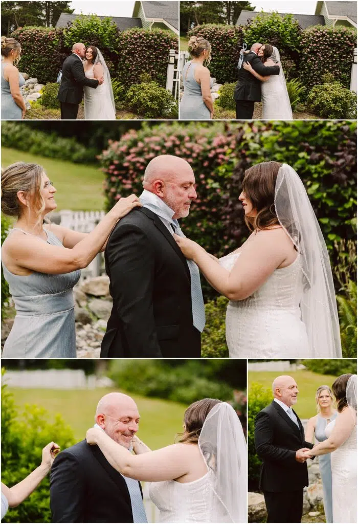 Snohomish Wedding Photographer GSquared Weddings A couple is getting married outdoors in Port Gamble. They exchange vows and kiss. A woman helps the groom with his tie. The bride and groom hold hands, smiling amidst lush green foliage and flowers, making their summer wedding a truly enchanting affair. Serving Seattle, Snohomish and Orlando