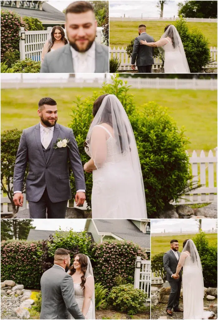 Snohomish Wedding Photographer GSquared Weddings In the charming garden of Port Gamble, a bride and groom share their first look during their summer wedding. The groom, in a gray suit and white shirt, gazes at his radiant bride in her white gown and veil by the white picket fence, surrounded by lush greenery and joyful expressions. Serving Seattle, Snohomish and Orlando