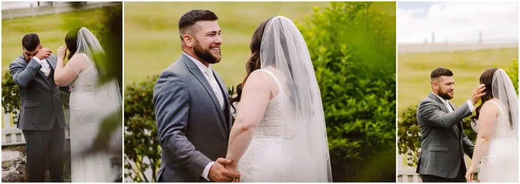 Snohomish Wedding Photographer GSquared Weddings A three-panel image captures a summer wedding at Port Gamble, featuring a groom in a gray suit and bride in a white dress with a veil. Surrounded by lush greenery, he wipes tears as they hold hands and smiles bloom while he adjusts her veil. Serving Seattle, Snohomish and Orlando