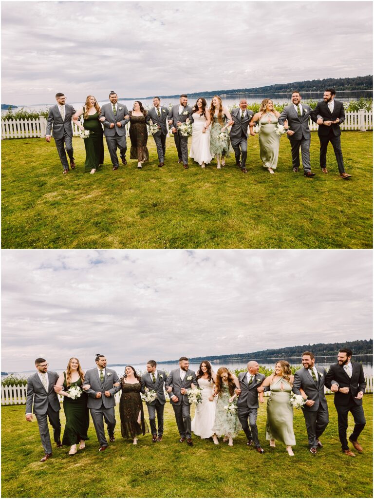 Snohomish Wedding Photographer GSquared Weddings A wedding party poses on a lush green lawn in Port Gamble with a scenic backdrop of hills and sky. The group, in formal attire, includes bridesmaids in green dresses and groomsmen in gray suits, flanking the bride in white and groom in black at this stunning summer wedding. Serving Seattle, Snohomish and Orlando