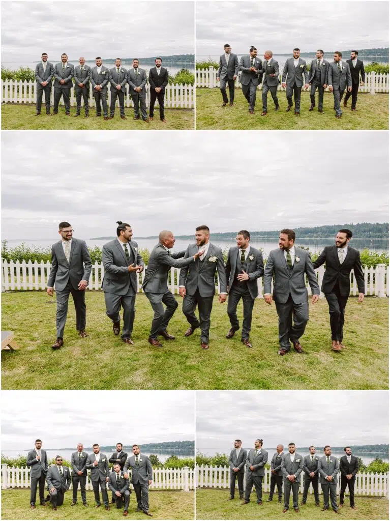 Snohomish Wedding Photographer GSquared Weddings A group of groomsmen in gray suits with boutonnieres stroll through a grassy area against Port Gambles iconic white picket fence under a cloudy summer sky. Some images capture them playfully interacting, while one features them happily posing with a young child at the wedding. Serving Seattle, Snohomish and Orlando