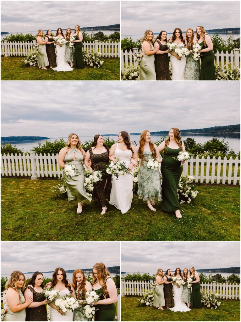 Snohomish Wedding Photographer GSquared Weddings Five women in elegant dresses stand together in Port Gamble, by a white picket fence overlooking water and greenery. Theyre smiling, holding bouquets under an overcast sky. The dresses, perfect for a summer wedding, vary in shades of green and white. Serving Seattle, Snohomish and Orlando
