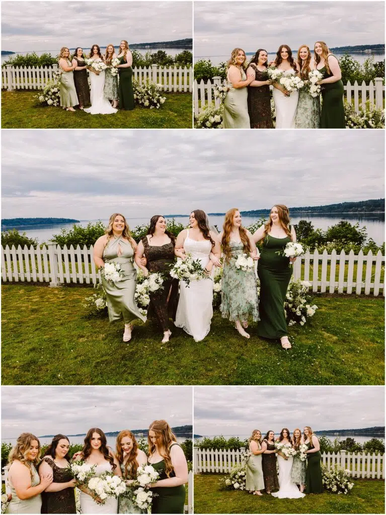 Snohomish Wedding Photographer GSquared Weddings Five women in elegant dresses stand together in Port Gamble, by a white picket fence overlooking water and greenery. Theyre smiling, holding bouquets under an overcast sky. The dresses, perfect for a summer wedding, vary in shades of green and white. Serving Seattle, Snohomish and Orlando