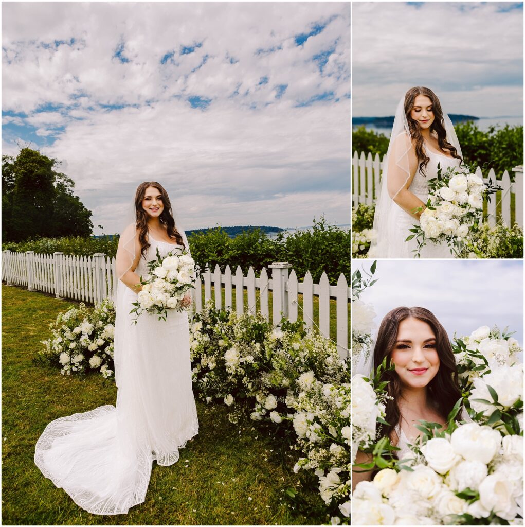 Snohomish Wedding Photographer GSquared Weddings In the charming setting of Port Gamble, a bride in a white dress stands by a white picket fence, holding a bouquet of white flowers. The sky hints at summers warmth with its partly cloudy demeanor. Three images capture her full-length grace, waist-up smile, and close-up among the blooms. Serving Seattle, Snohomish and Orlando