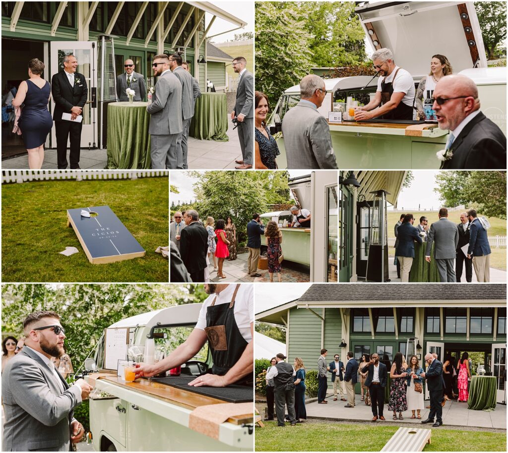 Snohomish Wedding Photographer GSquared Weddings Collage of outdoor party scenes at a Port Gamble summer wedding, showcasing guests in formal attire mingling near a mobile bar and enjoying a bean bag toss game. The picturesque setting features a lush green lawn, towering trees, and an elegant building with large windows. Serving Seattle, Snohomish and Orlando