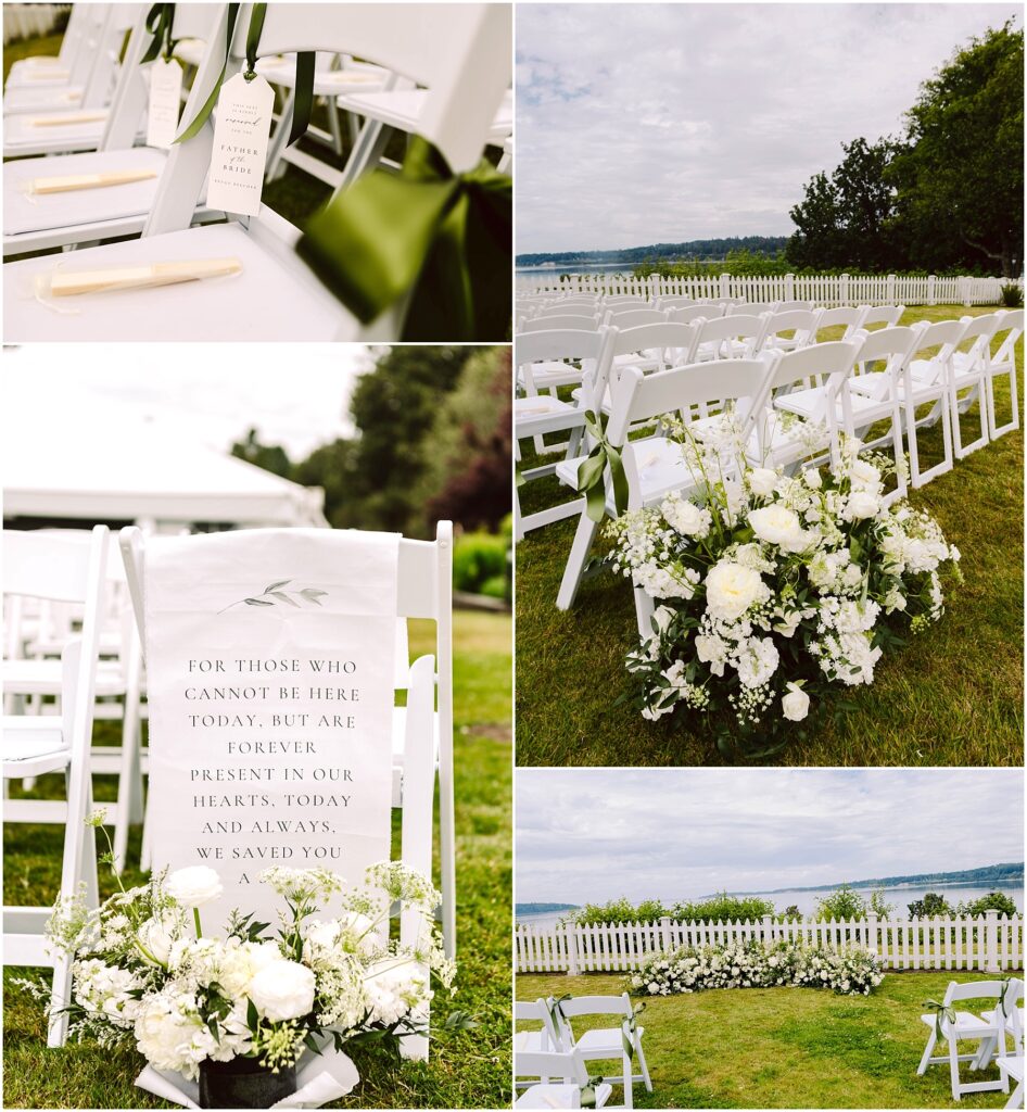 Snohomish Wedding Photographer GSquared Weddings A collage of a summer wedding setup by Port Gamble features white chairs with green ribbons, a memorial chair with a sign, and floral arrangements with white flowers. The serene scene is completed by the view of the lake, a picket fence, and cloudy skies in the background. Serving Seattle, Snohomish and Orlando