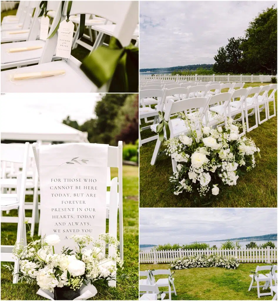 Snohomish Wedding Photographer GSquared Weddings A collage of a summer wedding setup by Port Gamble features white chairs with green ribbons, a memorial chair with a sign, and floral arrangements with white flowers. The serene scene is completed by the view of the lake, a picket fence, and cloudy skies in the background. Serving Seattle, Snohomish and Orlando