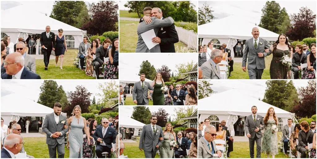 Snohomish Wedding Photographer GSquared Weddings A collage of outdoor summer wedding scenes at Port Gamble with well-dressed guests walking down an aisle. The background features a white tent and lush greenery. Couples and individuals are shown greeting, walking arm-in-arm, and seated. Serving Seattle, Snohomish and Orlando