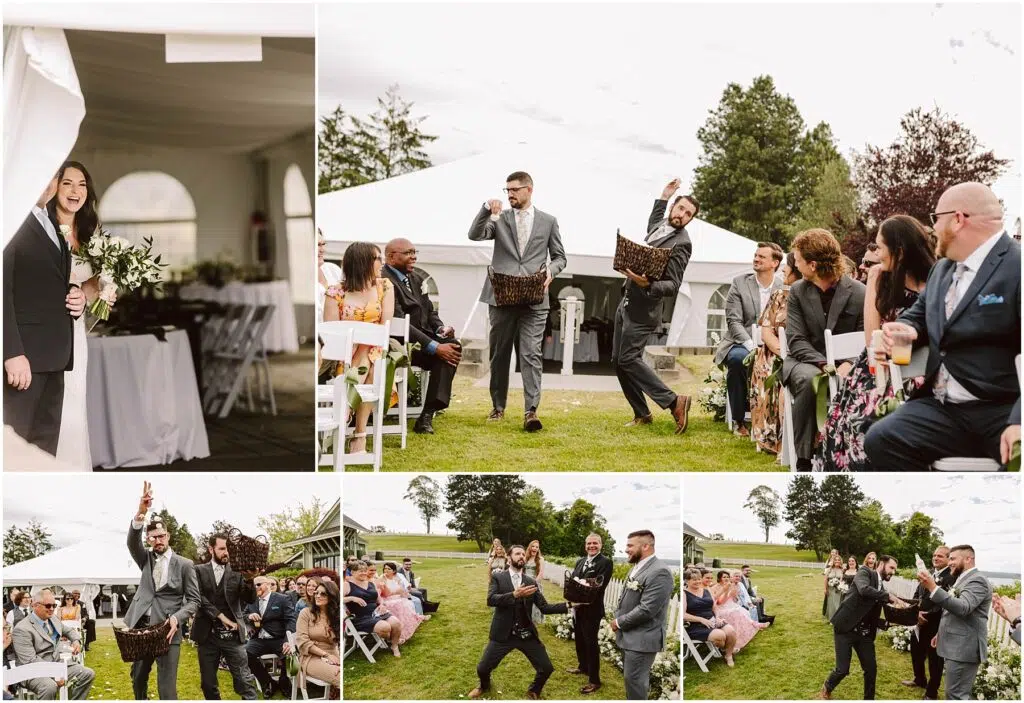 Snohomish Wedding Photographer GSquared Weddings A summer wedding unfolds in an outdoor tented area near Port Gamble. Guests are seated in rows while two men in gray suits dance down the aisle with baskets. Trees and tent structures grace the background, and a woman stands smiling at the entrance. Serving Seattle, Snohomish and Orlando