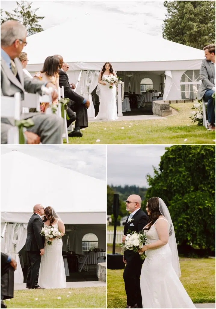 Snohomish Wedding Photographer GSquared Weddings At a charming summer wedding in Port Gamble, a bride in a white dress gracefully walks down an outdoor aisle lined with seated guests under a white tent. Another image captures her and a man in a suit sharing a kiss, while in the third, they stand together holding a bouquet. Serving Seattle, Snohomish and Orlando
