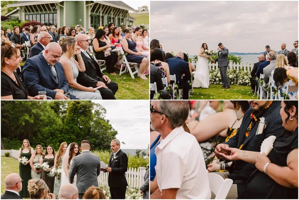 Snohomish Wedding Photographer GSquared Weddings Four photos capture a beautiful summer wedding ceremony in Port Gamble. Guests sit on white chairs as the couple exchanges vows by the ocean, nestled among lush greenery. Bridesmaids in light dresses and groomsmen in suits stand nearby, with sunny weather enhancing the picturesque scene. Serving Seattle, Snohomish and Orlando