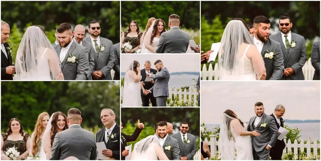 Snohomish Wedding Photographer GSquared Weddings A collage of wedding photos captures a couple exchanging vows at their enchanting summer wedding in Port Gamble. The groom dons a gray suit, and the bride dazzles in a white dress. Joyful guests surround them, with a fence and lush greenery setting off the breathtaking waterfront view. Serving Seattle, Snohomish and Orlando
