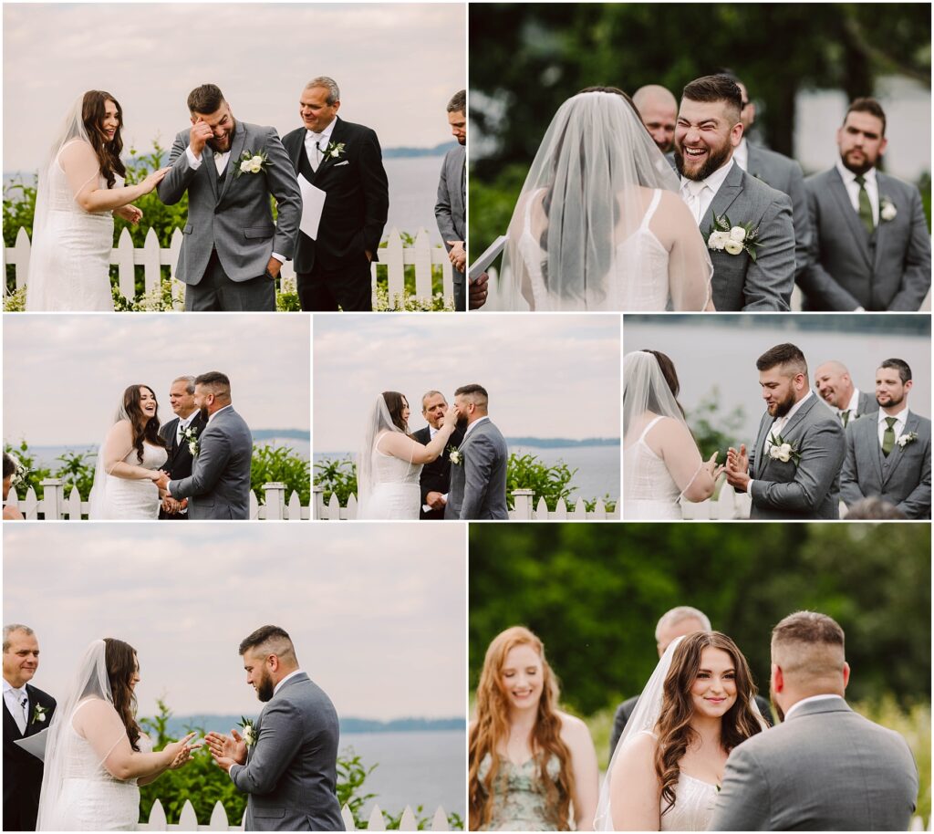 Snohomish Wedding Photographer GSquared Weddings At their enchanting Summer Wedding in Port Gamble, the bride and groom exchange vows outdoors near a white fence adorned with greenery. Surrounded by guests, she dazzles in her white dress and veil, while he stands proudly in a gray suit. Emotions range from heartfelt laughter to affectionate smiles. Serving Seattle, Snohomish and Orlando