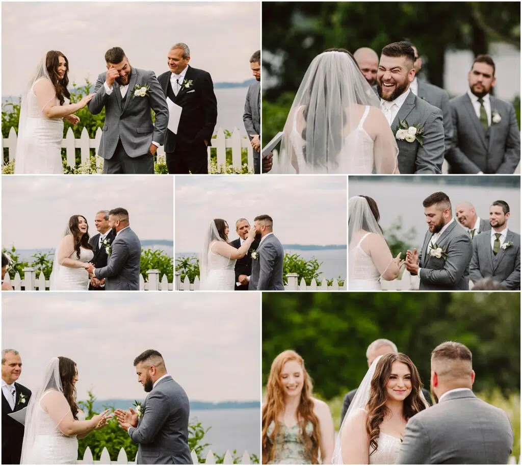 Snohomish Wedding Photographer GSquared Weddings At their enchanting Summer Wedding in Port Gamble, the bride and groom exchange vows outdoors near a white fence adorned with greenery. Surrounded by guests, she dazzles in her white dress and veil, while he stands proudly in a gray suit. Emotions range from heartfelt laughter to affectionate smiles. Serving Seattle, Snohomish and Orlando