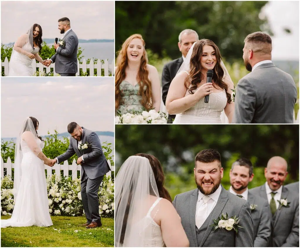 Snohomish Wedding Photographer GSquared Weddings Amid a picturesque Port Gamble setting, a bride and groom laugh and smile during their summer wedding ceremony. Standing near a white fence adorned with flowers, the ocean glimmers in the background as joyful bridesmaids and groomsmen look on. The couple radiates happiness. Serving Seattle, Snohomish and Orlando