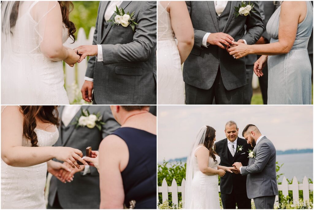 Snohomish Wedding Photographer GSquared Weddings A collage of four Port Gamble summer wedding images. A couple exchanges rings in the presence of an officiant. The bride is in a white gown, and the groom is in a gray suit. They stand near a white picket fence with lush greenery in the background. Serving Seattle, Snohomish and Orlando