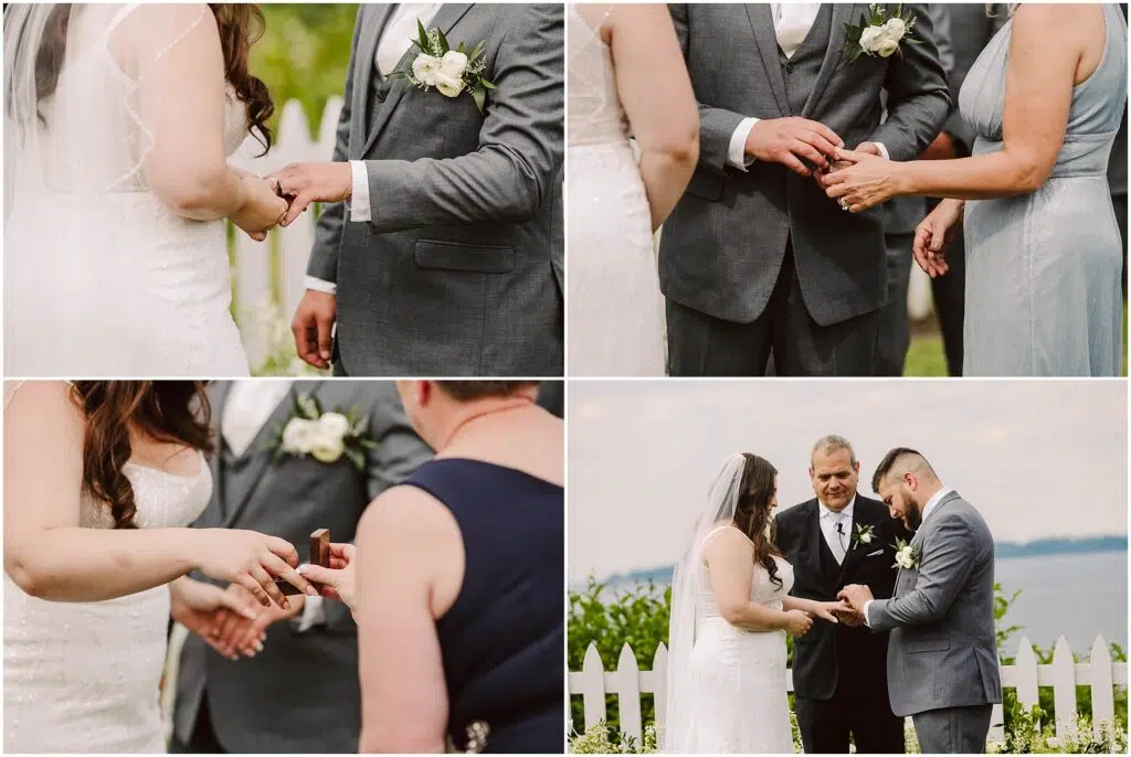 Snohomish Wedding Photographer GSquared Weddings A collage of four Port Gamble summer wedding images. A couple exchanges rings in the presence of an officiant. The bride is in a white gown, and the groom is in a gray suit. They stand near a white picket fence with lush greenery in the background. Serving Seattle, Snohomish and Orlando