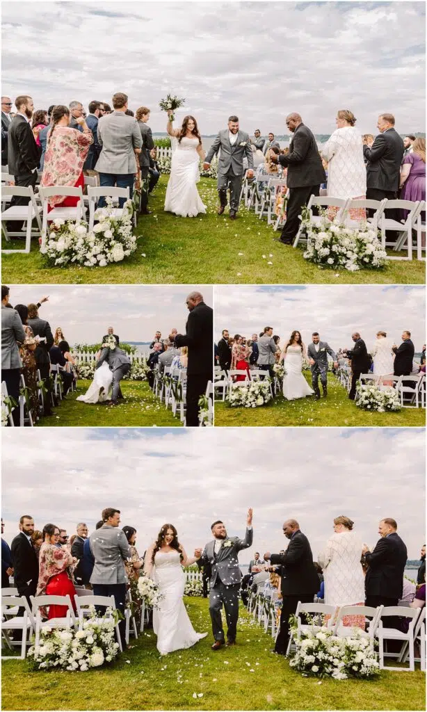 Snohomish Wedding Photographer GSquared Weddings A newlywed couple joyfully walks down the outdoor aisle in Port Gamble, lined with guests. The bride holds a bouquet, and the groom is shaking hands. White chairs and flowers adorn the path. Its a sunny summer day with scattered clouds. Serving Seattle, Snohomish and Orlando