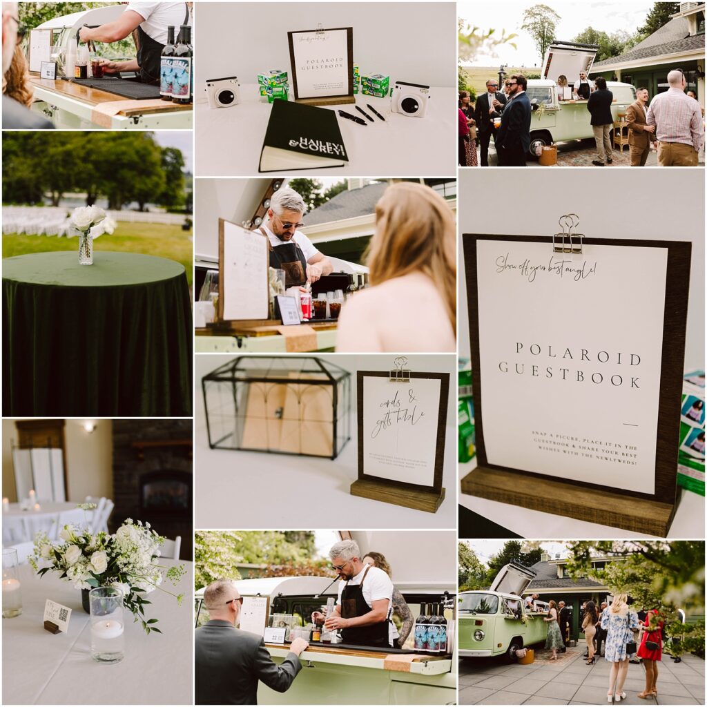Snohomish Wedding Photographer GSquared Weddings Collage of a summer wedding reception in Port Gamble featuring a bar setup, a Polaroid guestbook station, and guests interacting. The displays include a sign for the guestbook and various floral arrangements. A green vintage vehicle is visible in the background. Serving Seattle, Snohomish and Orlando