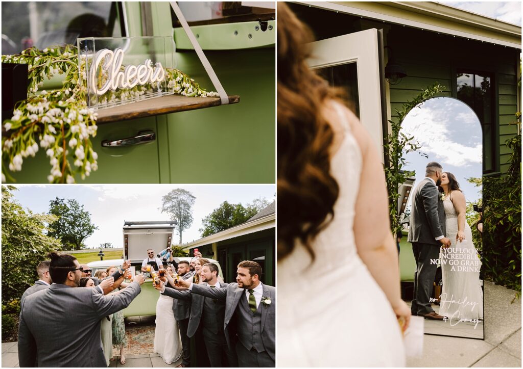 Snohomish Wedding Photographer GSquared Weddings A group of people in formal attire raise glasses in a toast outside a green trailer with a Cheers sign, celebrating a summer wedding in Port Gamble. A couple kisses near an open door reflecting the sky. Serving Seattle, Snohomish and Orlando