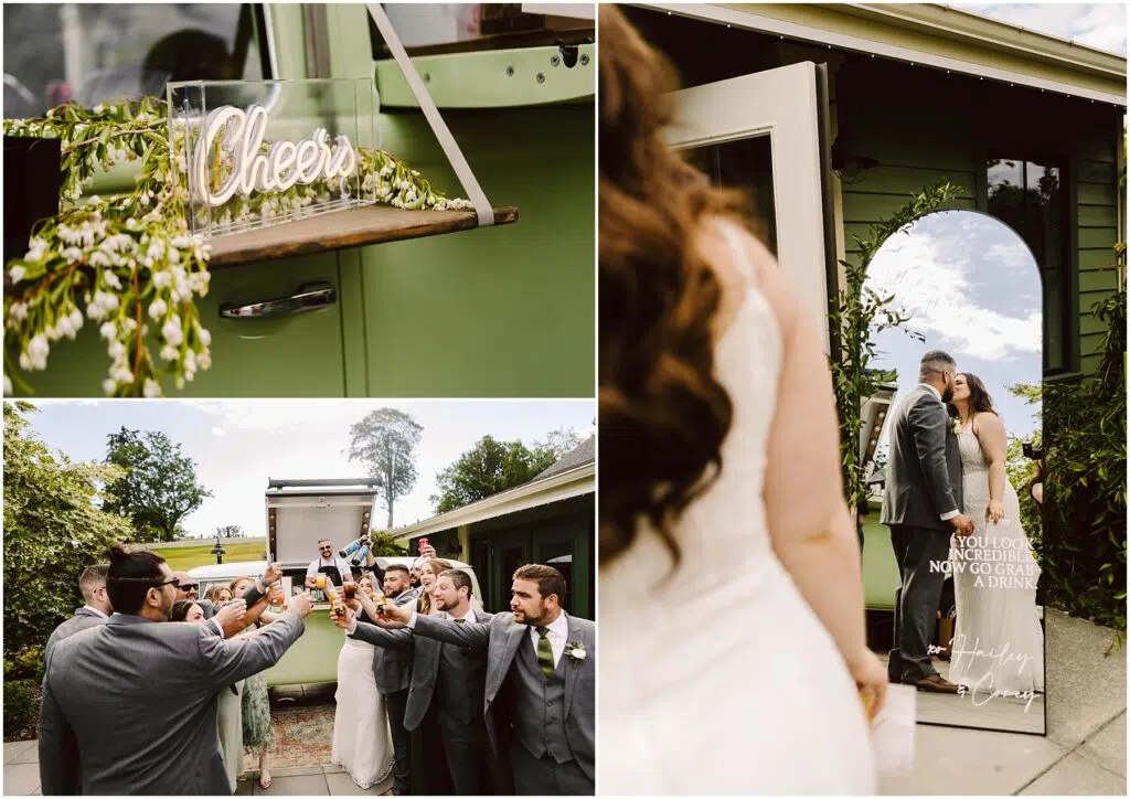 Snohomish Wedding Photographer GSquared Weddings A group of people in formal attire raise glasses in a toast outside a green trailer with a Cheers sign, celebrating a summer wedding in Port Gamble. A couple kisses near an open door reflecting the sky. Serving Seattle, Snohomish and Orlando