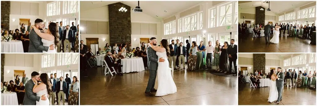 Snohomish Wedding Photographer GSquared Weddings At their elegant Port Gamble summer wedding, the bride and groom dance inside a bright, spacious hall with large windows. Guests gather around to watch the couple. The bride wears a white gown, and the groom is in a gray suit. The room is simply decorated with tables and white chairs. Serving Seattle, Snohomish and Orlando