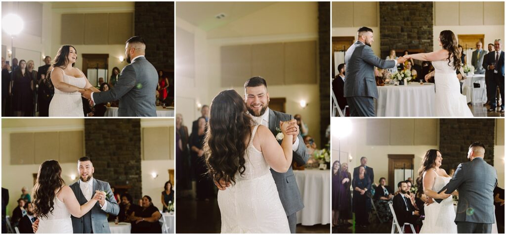 Snohomish Wedding Photographer GSquared Weddings At a charming summer wedding in Port Gamble, the bride and groom dance joyfully, smiling and holding hands in a warmly lit room with guests watching in the background. The bride glows in her white dress while the groom looks dapper in his gray suit. Serving Seattle, Snohomish and Orlando