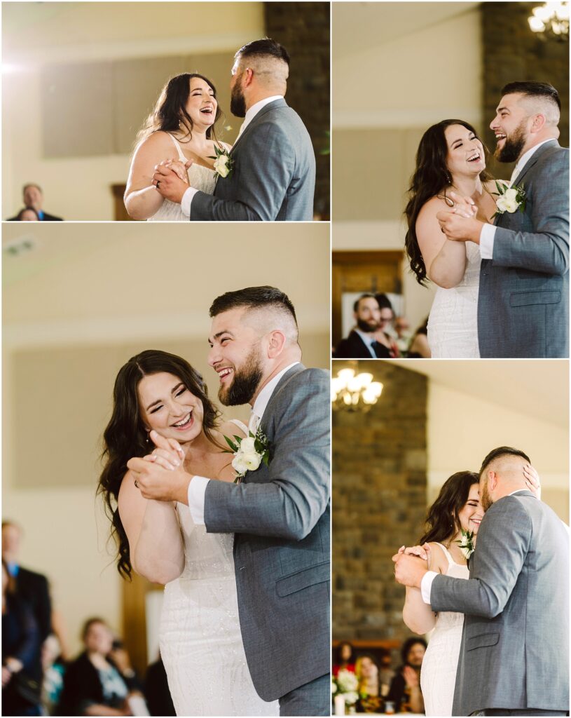 Snohomish Wedding Photographer GSquared Weddings In a warmly lit reception hall, the bride and groom share a joyful first dance at their Port Gamble summer wedding. They smile and laugh, with the bride in a white dress and the groom in a gray suit with a boutonniere. Serving Seattle, Snohomish and Orlando