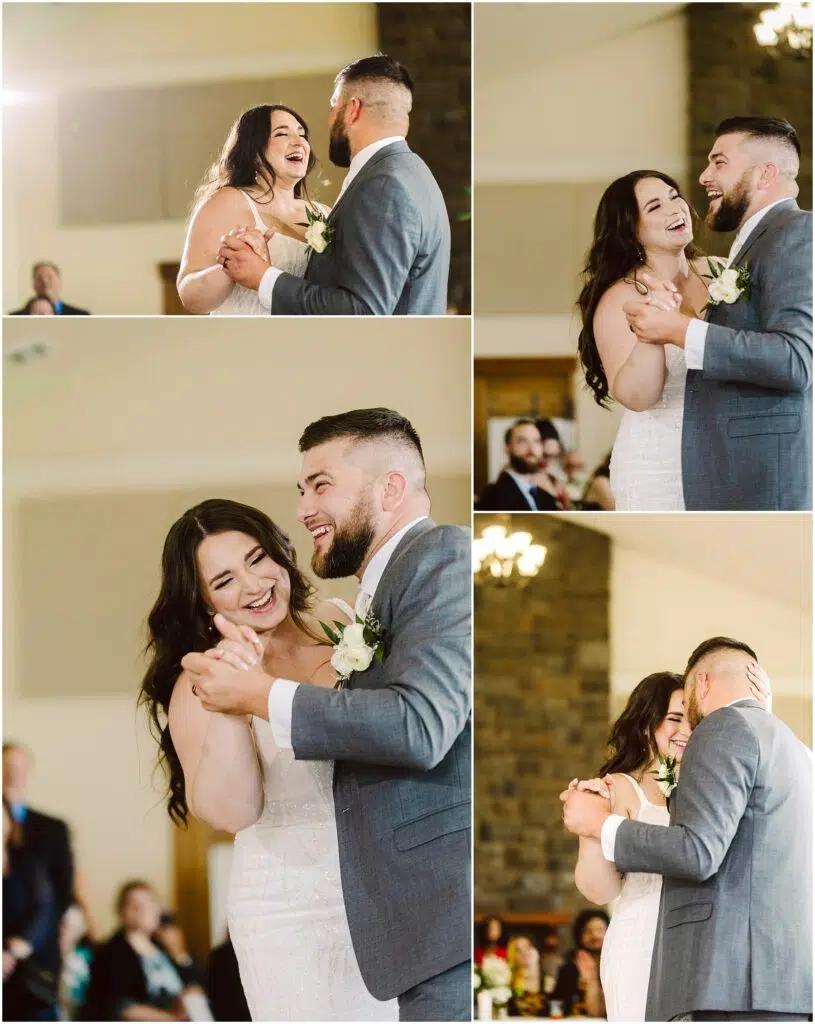 Snohomish Wedding Photographer GSquared Weddings In a warmly lit reception hall, the bride and groom share a joyful first dance at their Port Gamble summer wedding. They smile and laugh, with the bride in a white dress and the groom in a gray suit with a boutonniere. Serving Seattle, Snohomish and Orlando