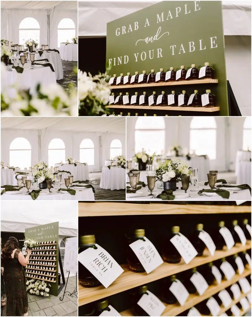 Snohomish Wedding Photographer GSquared Weddings A charming summer wedding display in Port Gamble features maple syrup bottles with guest names and table numbers under a sign reading Grab a Maple and Find Your Table. Elegant tables with white cloths and floral centerpieces await guests beneath the airy tent. Serving Seattle, Snohomish and Orlando