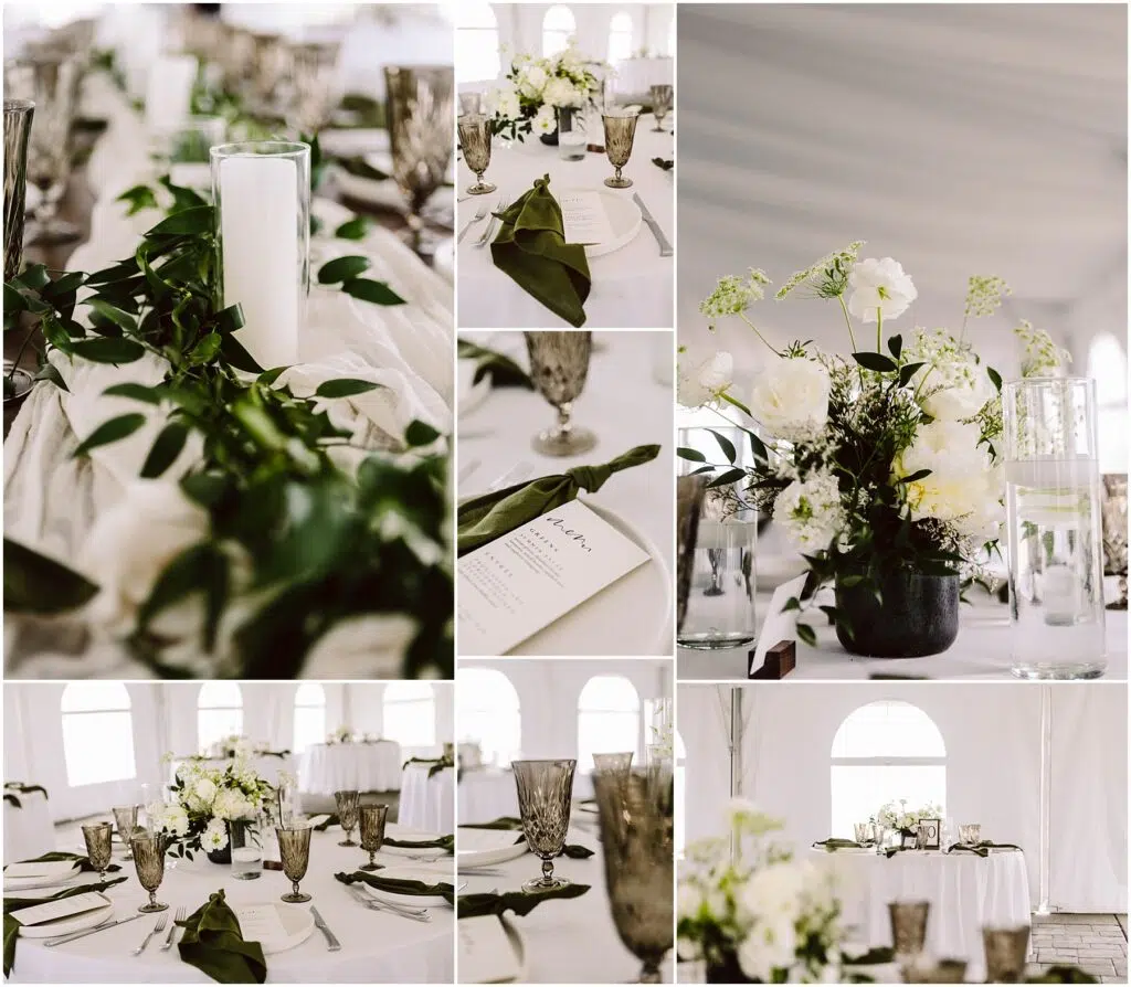 Snohomish Wedding Photographer GSquared Weddings Collage of elegant summer wedding table settings in Port Gamble, featuring white roses, greenery, candles, and glassware. Some images display menus on plates with neatly folded napkins. The overall theme is bright, blending modern and classic elements beautifully. Serving Seattle, Snohomish and Orlando