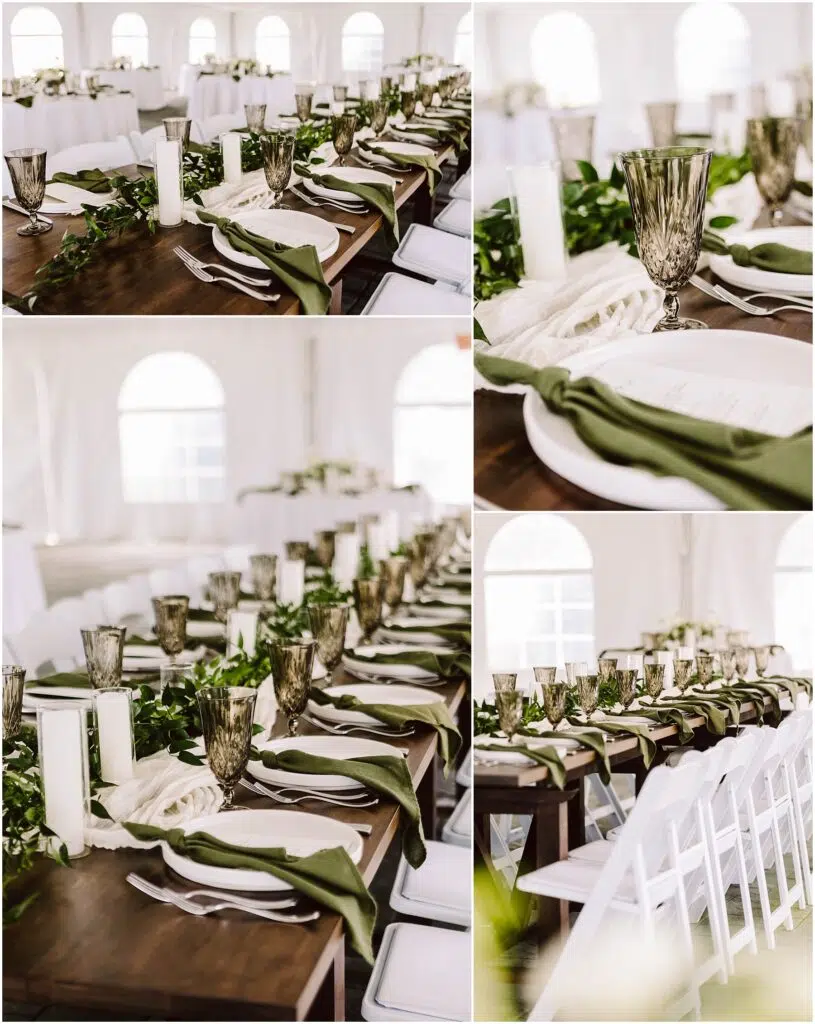 Snohomish Wedding Photographer GSquared Weddings Elegant summer wedding reception table setting with white plates, green and white napkins, and gray goblets arranged on a wooden table. Long white candles and greenery serve as centerpieces, echoing the charm of Port Gamble. White chairs and natural lighting complete the setup. Serving Seattle, Snohomish and Orlando