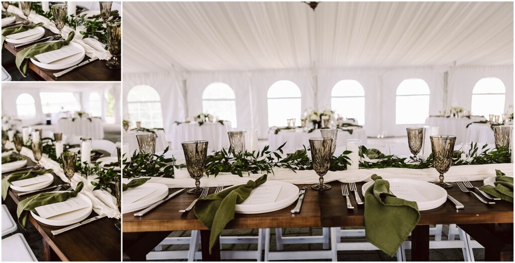 Snohomish Wedding Photographer GSquared Weddings A summer wedding reception in Port Gamble unfolds within a white tent, showcasing long wooden tables adorned with white plates, green napkins, and ornate glasses. Greenery graces the tables center, while soft natural light filters through the arched windows. Serving Seattle, Snohomish and Orlando