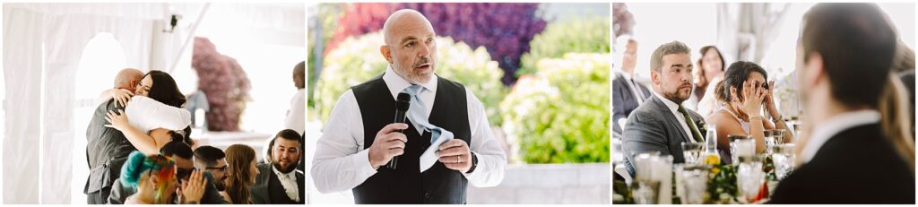 Snohomish Wedding Photographer GSquared Weddings Three photos from a charming summer wedding in Port Gamble: a heartwarming group hug, a man delivering an emotional speech, and guests reacting with tearful eyes. The setting is a brightly adorned reception with vibrant plants painting the background. Serving Seattle, Snohomish and Orlando