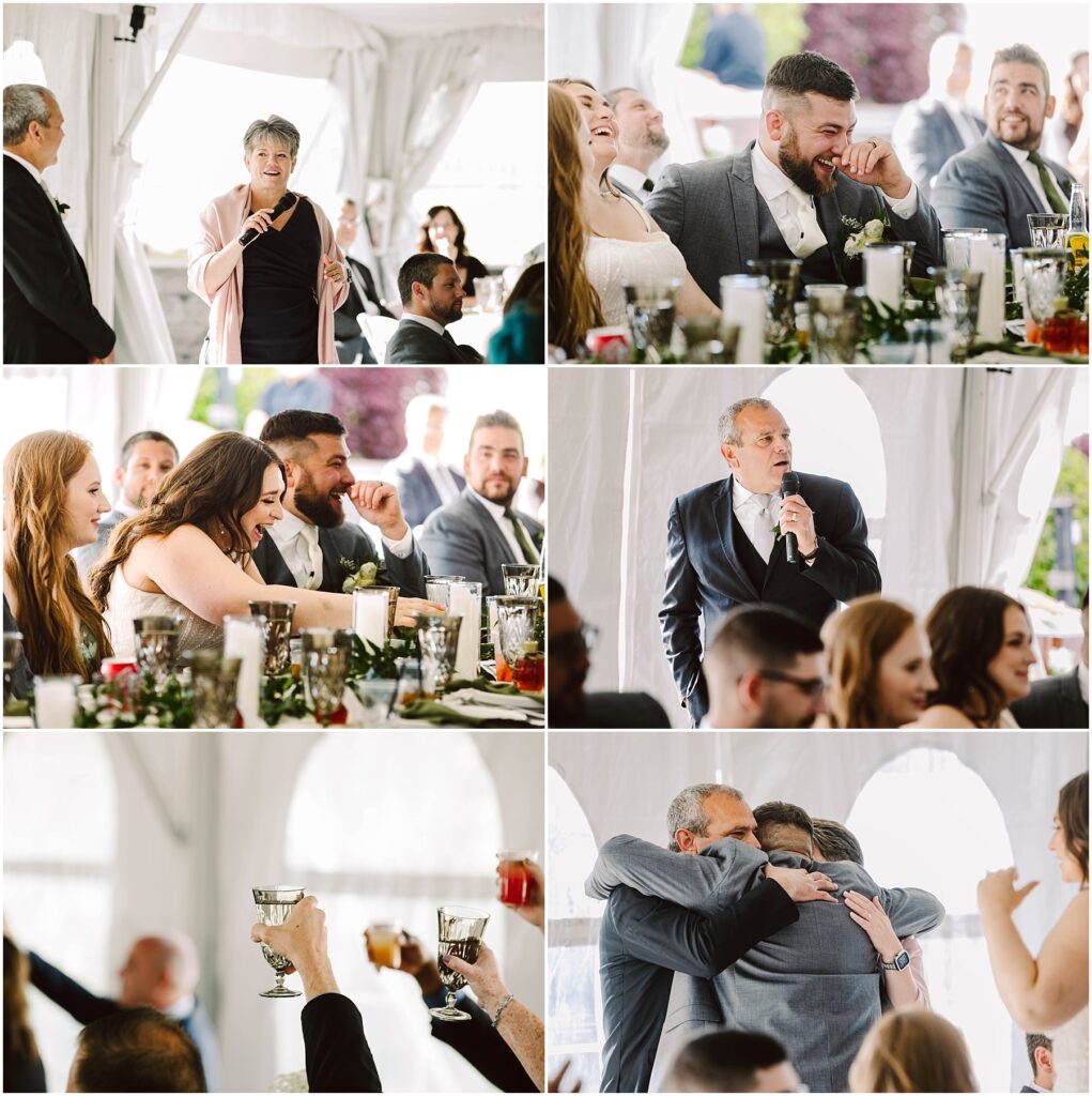 Snohomish Wedding Photographer GSquared Weddings A summer wedding collage in Port Gamble captures guests giving speeches, laughing, and hugging. Candles and glasses elegantly decorate tables as a cheerful group raises a toast. The joyful atmosphere fills the tent with arched windows. Serving Seattle, Snohomish and Orlando