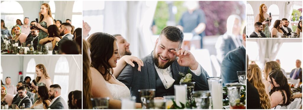 Snohomish Wedding Photographer GSquared Weddings At a beautiful summer wedding in Port Gamble, a bride and groom seated at the reception table react emotionally as a woman in a light-colored dress gives a heartfelt speech. The groom wipes tears, guests listen attentively, and candles and greenery elegantly decorate the table. Serving Seattle, Snohomish and Orlando