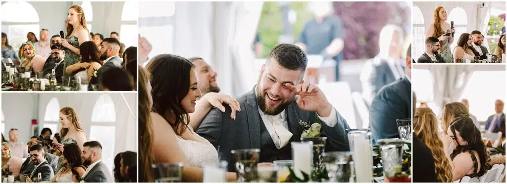 Snohomish Wedding Photographer GSquared Weddings At a beautiful summer wedding in Port Gamble, a bride and groom seated at the reception table react emotionally as a woman in a light-colored dress gives a heartfelt speech. The groom wipes tears, guests listen attentively, and candles and greenery elegantly decorate the table. Serving Seattle, Snohomish and Orlando