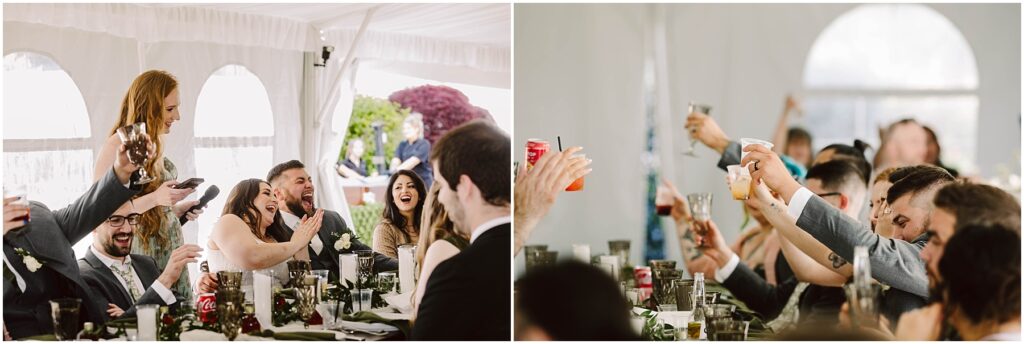 Snohomish Wedding Photographer GSquared Weddings At a charming summer wedding in Port Gamble, people at the reception raise their glasses for a toast. On the left, a woman stands, laughing with guests around a table adorned with drinks and decorations. On the right, guests joyfully lift their glasses, reveling in the lively atmosphere. Serving Seattle, Snohomish and Orlando