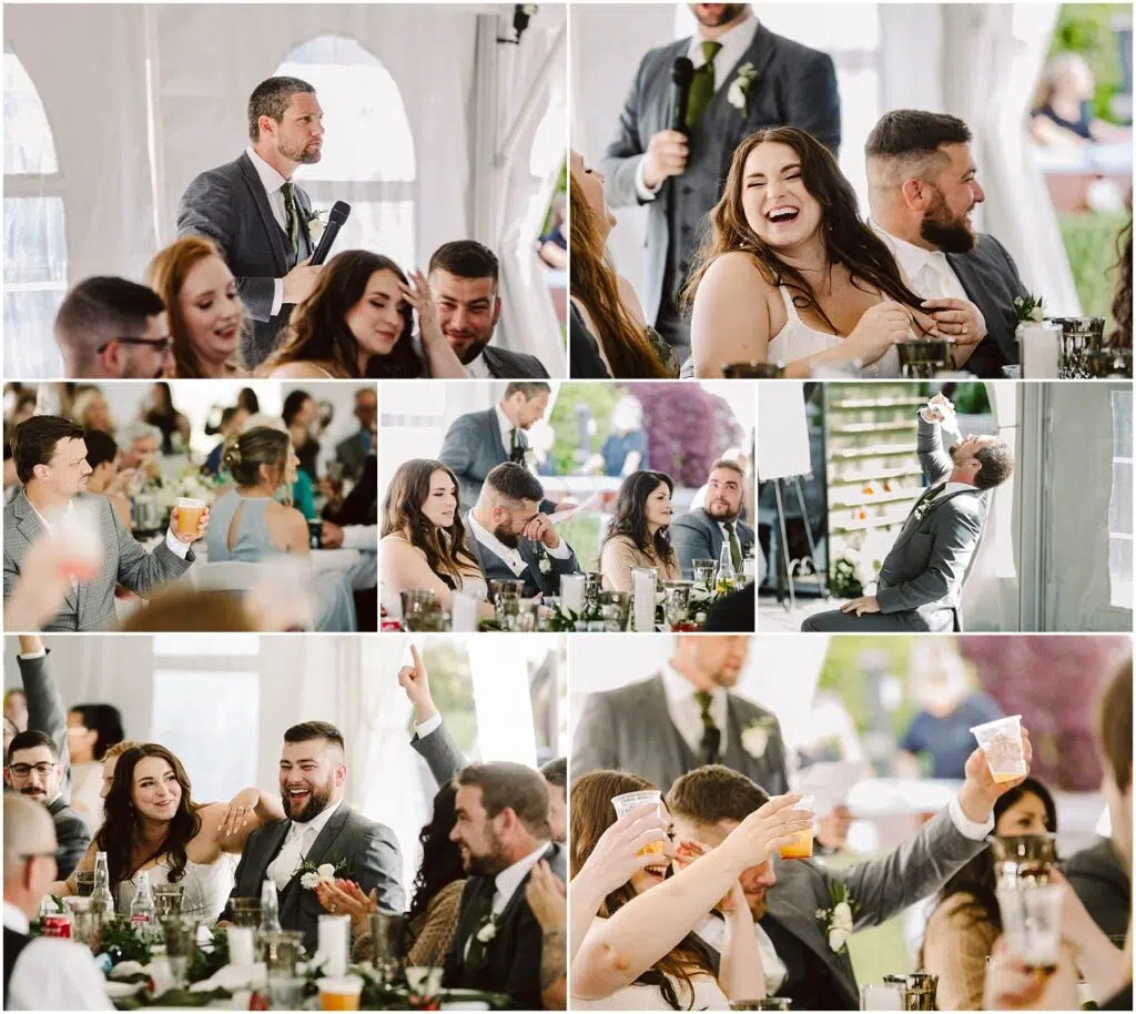 Snohomish Wedding Photographer GSquared Weddings A joyful summer wedding reception with guests laughing, raising glasses, and enjoying speeches unfolds in scenic Port Gamble. A casually dressed group celebrates around decorated tables in a bright tent. Smiles and toasts abound, capturing a lively and cheerful atmosphere. Serving Seattle, Snohomish and Orlando