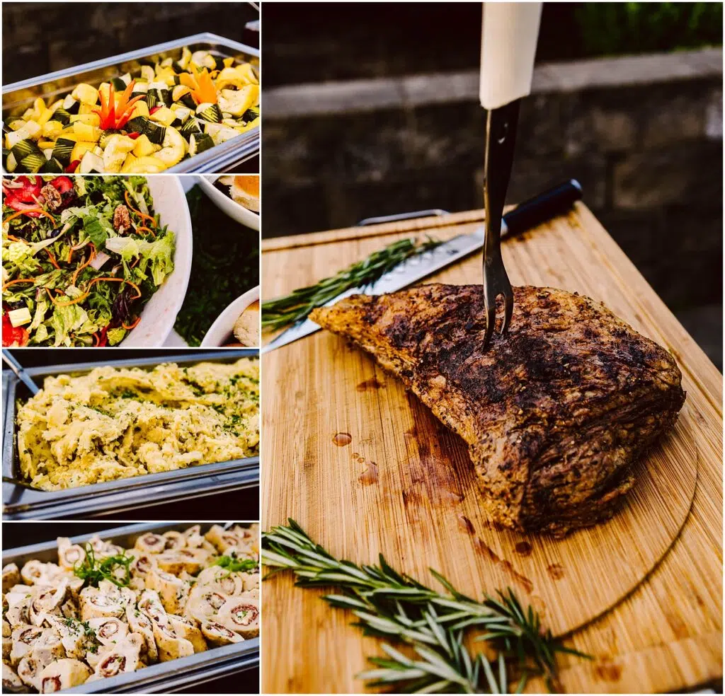 Snohomish Wedding Photographer GSquared Weddings Collage of a buffet at a Summer Wedding in Port Gamble featuring a large roasted meat on a cutting board with rosemary, fresh salad with vegetables, creamy mashed potatoes, and a tray of sliced roll appetizers adorned with greens and red peppers. Serving Seattle, Snohomish and Orlando