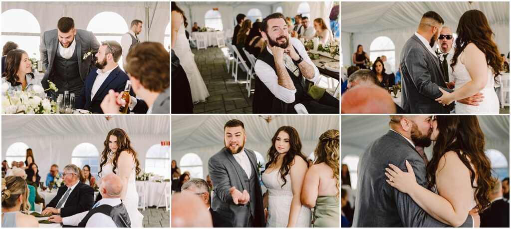 Snohomish Wedding Photographer GSquared Weddings A collage of summer wedding scenes in a white marquee at Port Gamble. Guests are seated at tables, a couple dances, several people chat and smile. The focus is on candid moments capturing joy and interaction among attendees. Serving Seattle, Snohomish and Orlando
