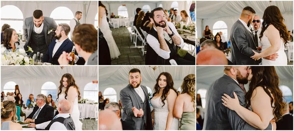 Snohomish Wedding Photographer GSquared Weddings A collage of summer wedding scenes in a white marquee at Port Gamble. Guests are seated at tables, a couple dances, several people chat and smile. The focus is on candid moments capturing joy and interaction among attendees. Serving Seattle, Snohomish and Orlando