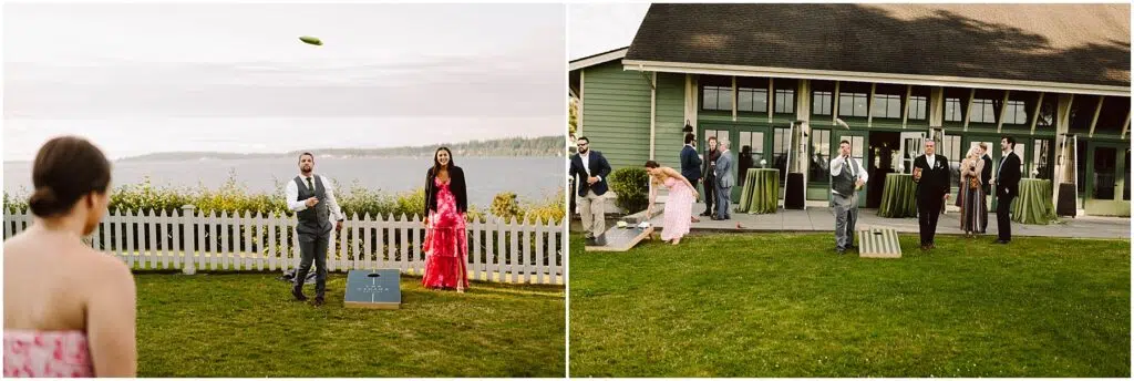 Snohomish Wedding Photographer GSquared Weddings At a picturesque summer wedding in Port Gamble, two images capture the lively scene of a cornhole game by a large green building. Dressed in formal attire, guests play and watch, drinks in hand, as a man tosses a bag. The grassy setting offers stunning views of the water. Serving Seattle, Snohomish and Orlando